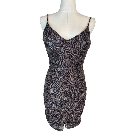NWT JUMP Apparel Brown Zebra Small Print Ruched Bodycon Mini Dress Thin Straps - Picture 1 of 14